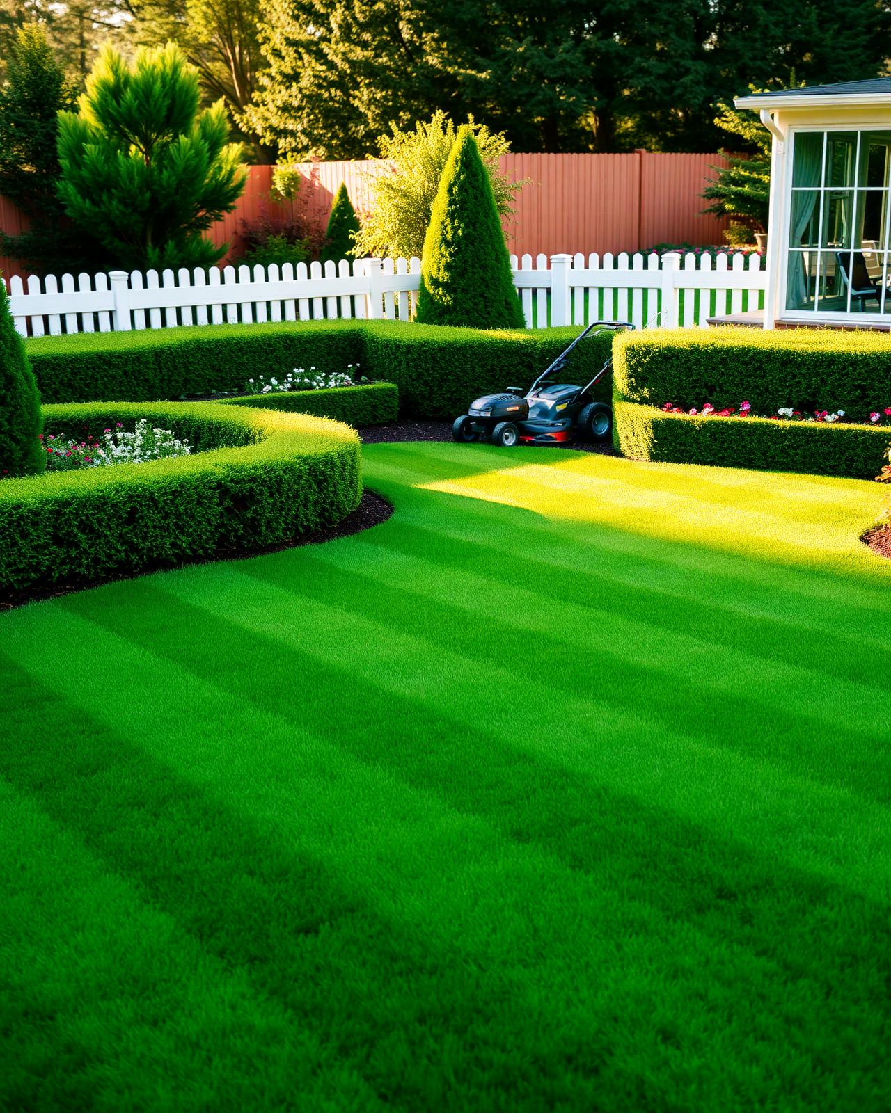 Manicured backyard lawn by Bueno Landscaping