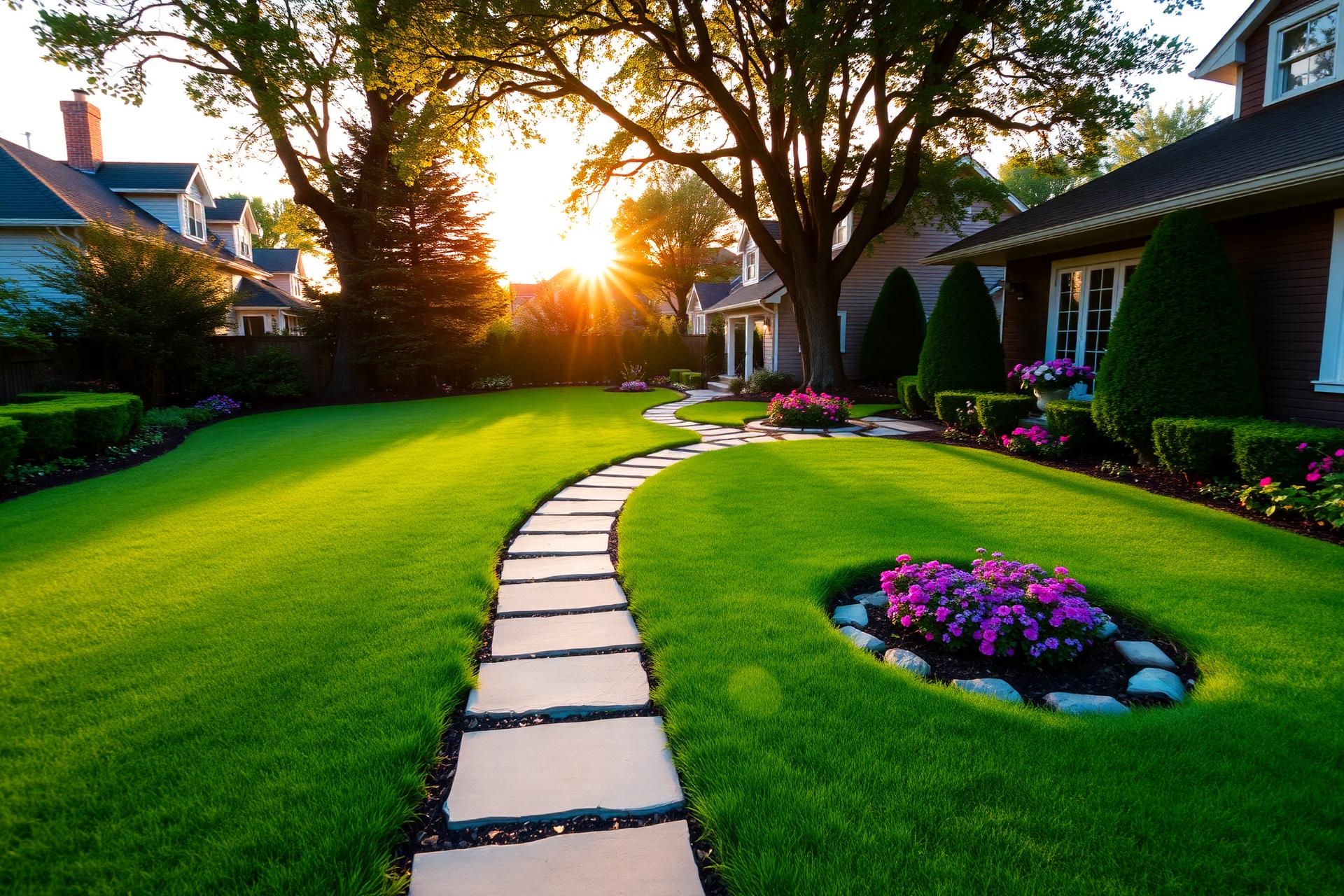 Lush manicured backyard at golden hour by Bueno Landscaping